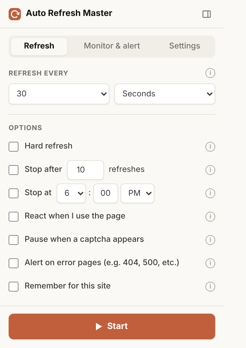 The Refresh tab with the interval, options and Start button