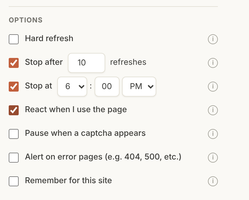 Options with Stop after, Stop at and React when I use the page turned on