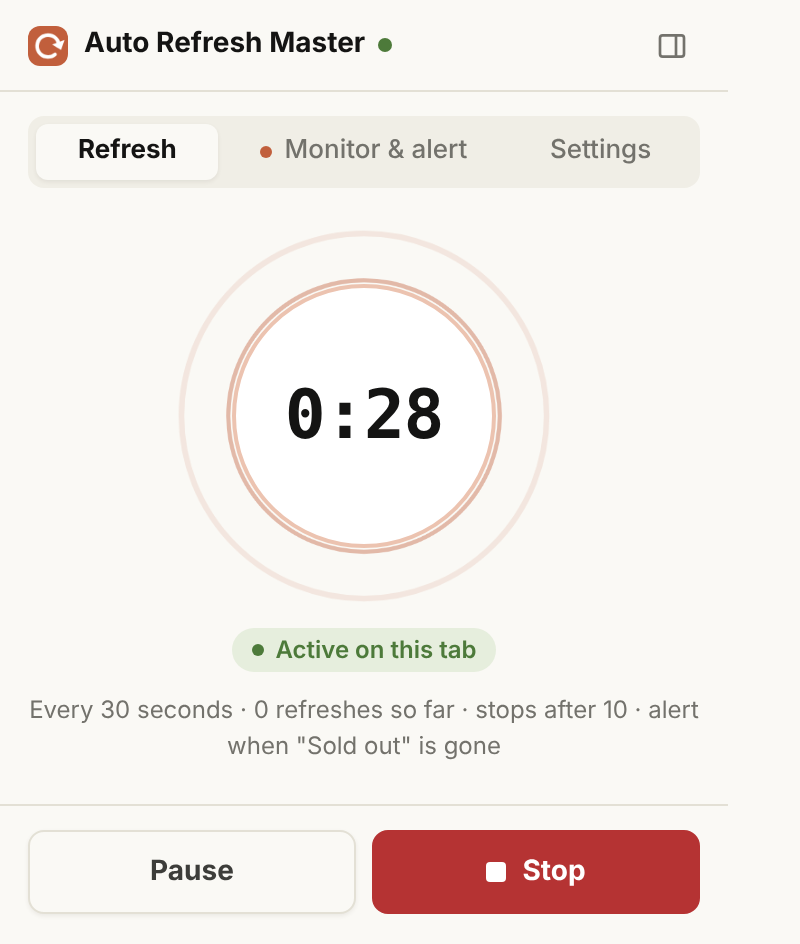 The countdown while a tab is refreshing, with Pause and Stop