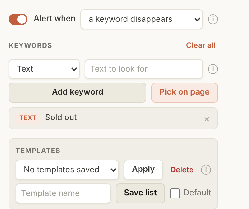Monitor and alert tab with a keyword added