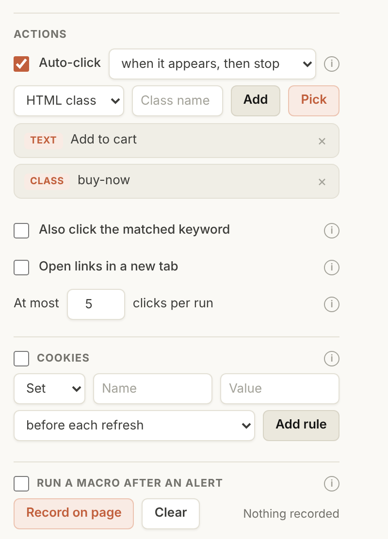 Auto-click set to click Add to cart when it appears, with cookies and macro options