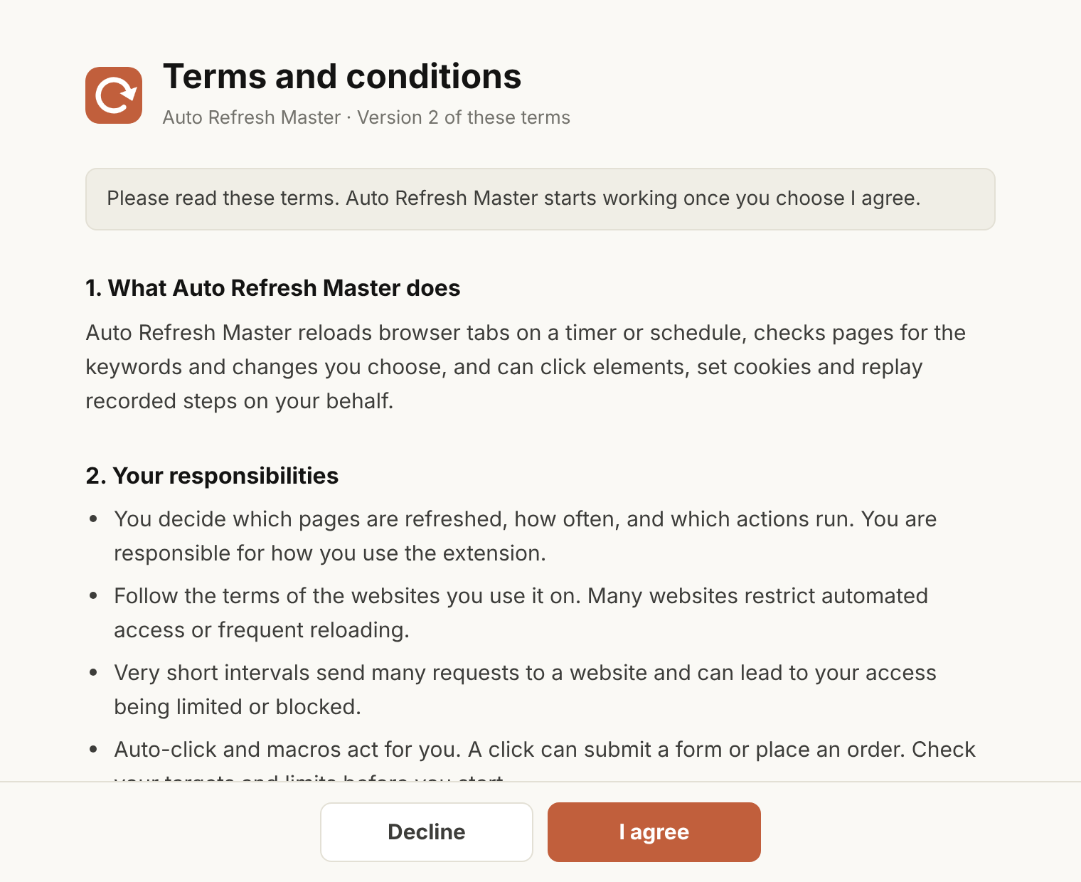 The terms and conditions page with Decline and I agree